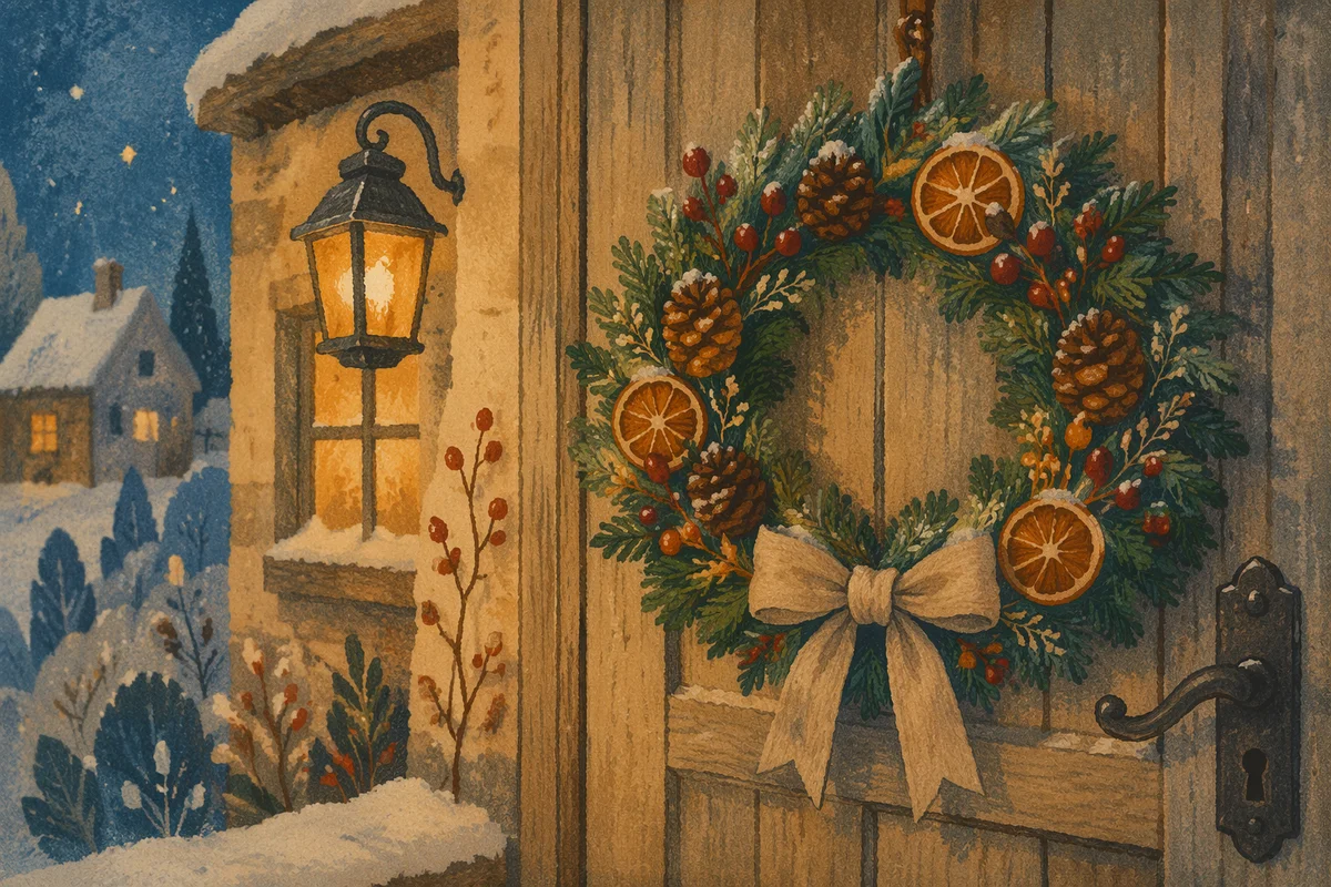 Rustic Christmas Wreath on Wooden Door