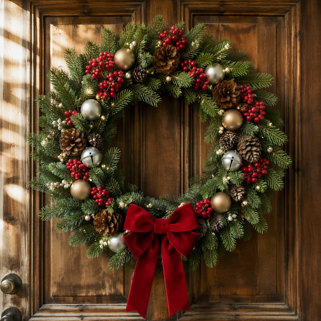 Christmas Wreath on Rustic Wooden Door