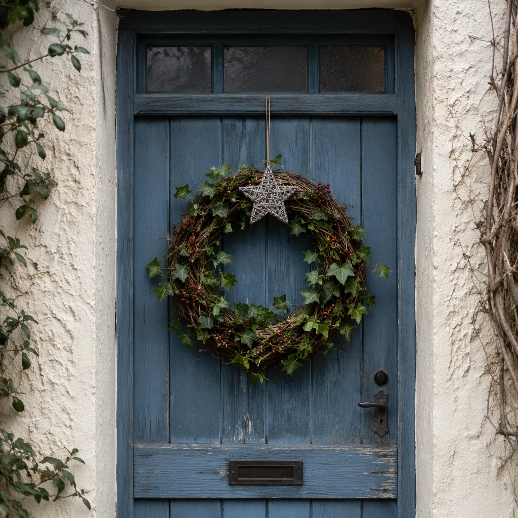 Rustic Christmas Wreath on Blue Wooden Door
