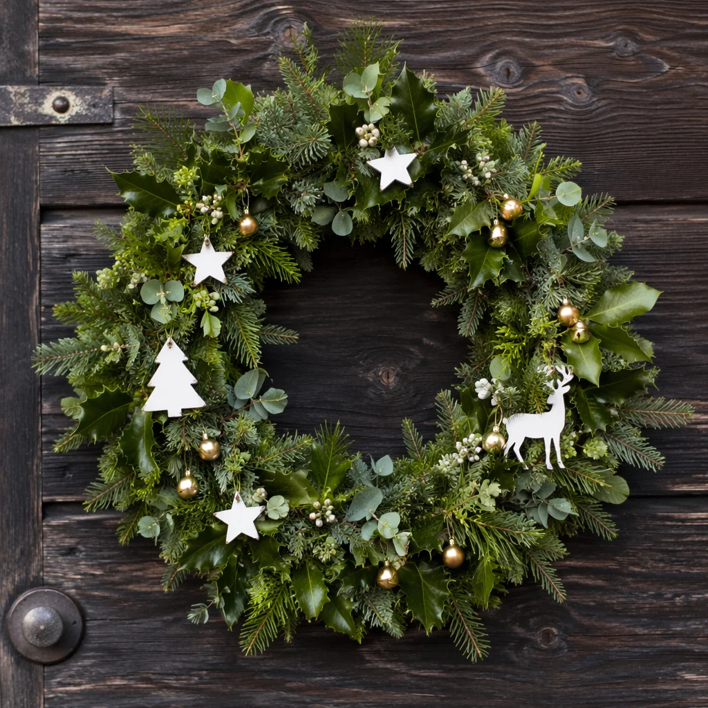Christmas Wreath on Rustic Wooden Door