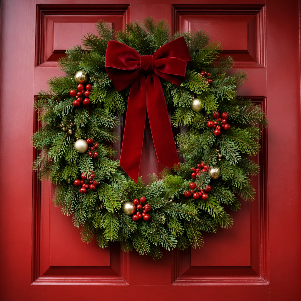 Christmas Wreath on Red Wooden Door