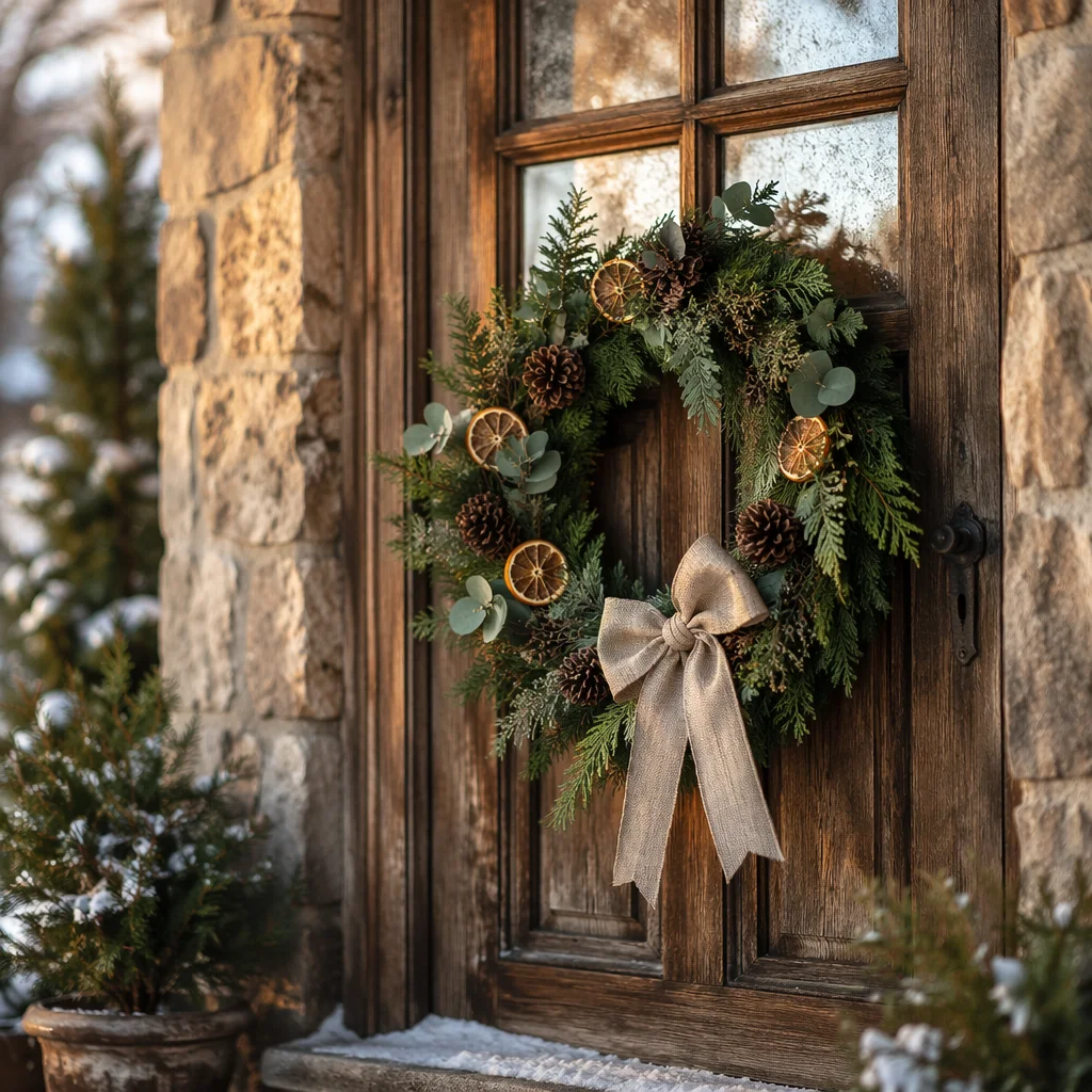 Rustic Christmas Wreath on Cottage Door