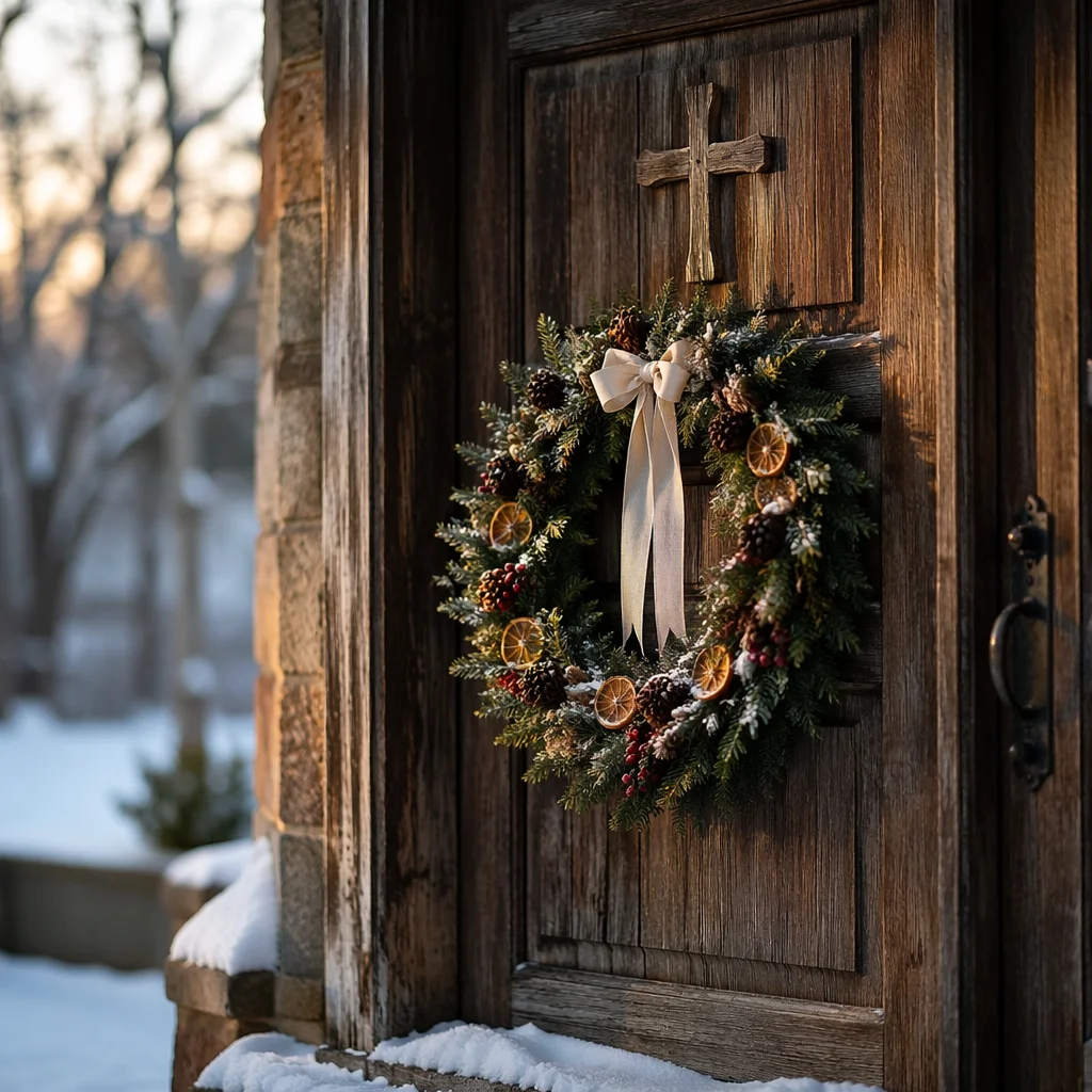 Christmas Wreath on Weathered Chapel Door