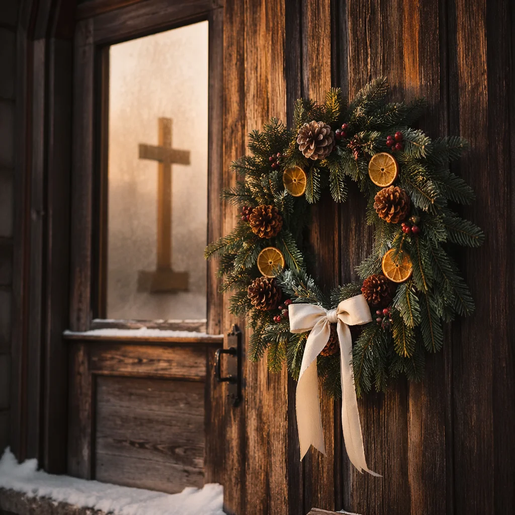 Christmas Wreath on Rustic Chapel Door