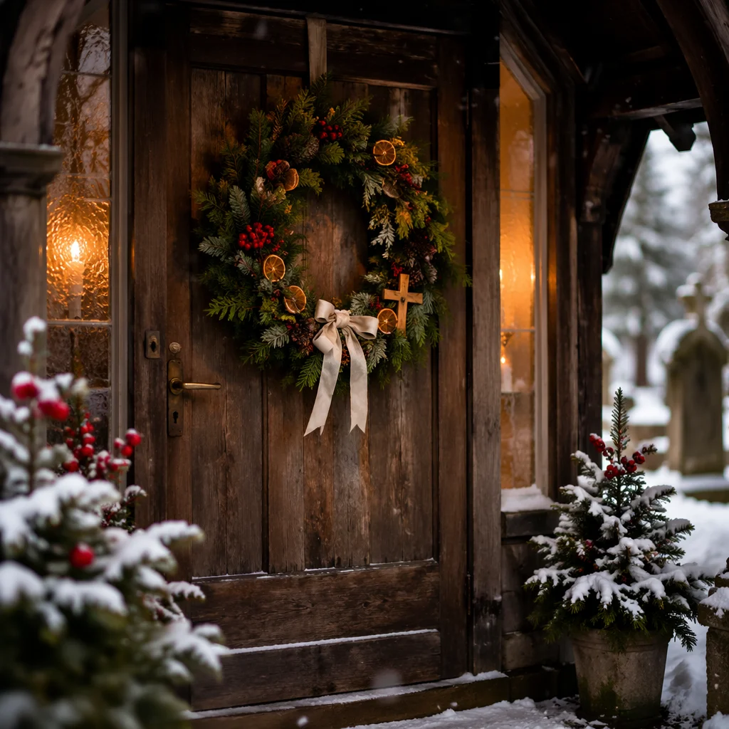 Christmas Wreath on Weathered Chapel Door