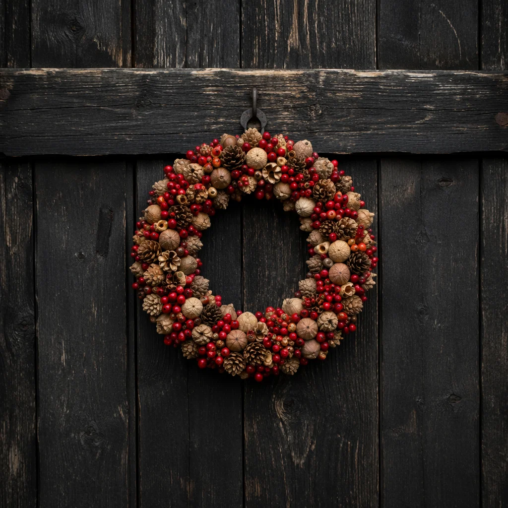 Rustic Christmas Wreath on Weathered Wooden Door