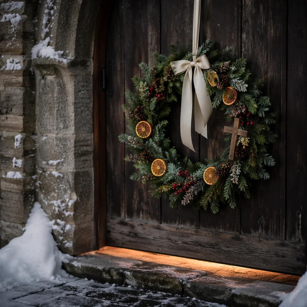 Christmas Wreath on Weathered Chapel Door
