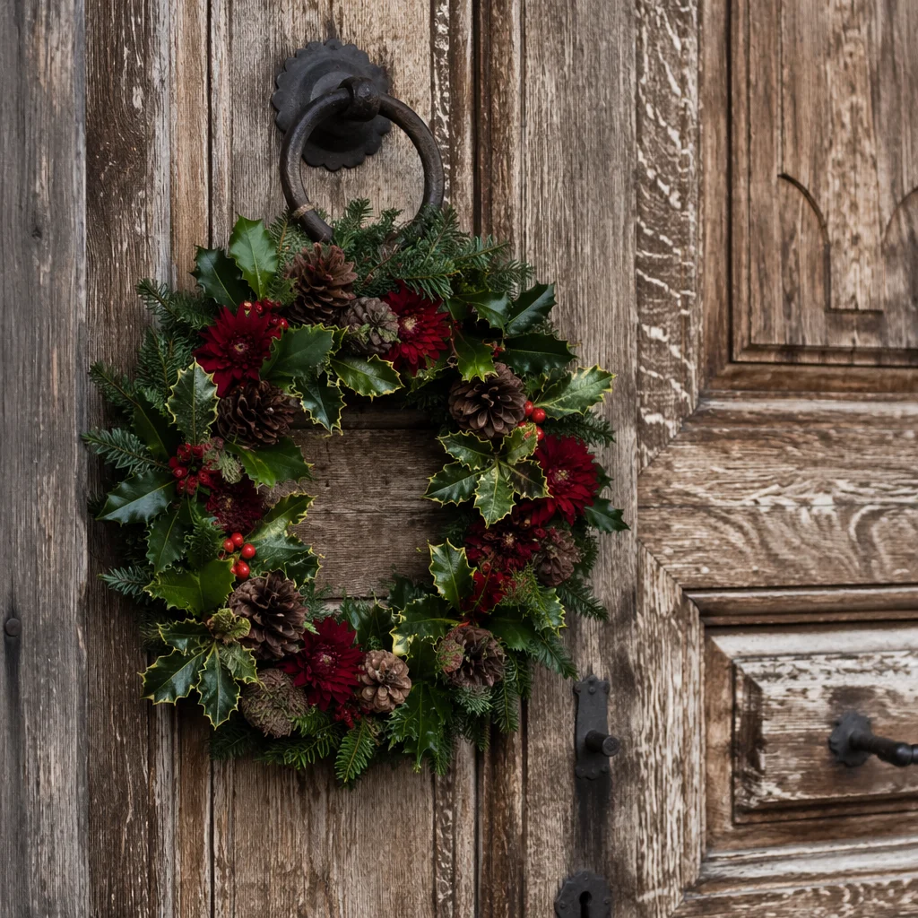 Christmas Wreath on Weathered Wooden Door