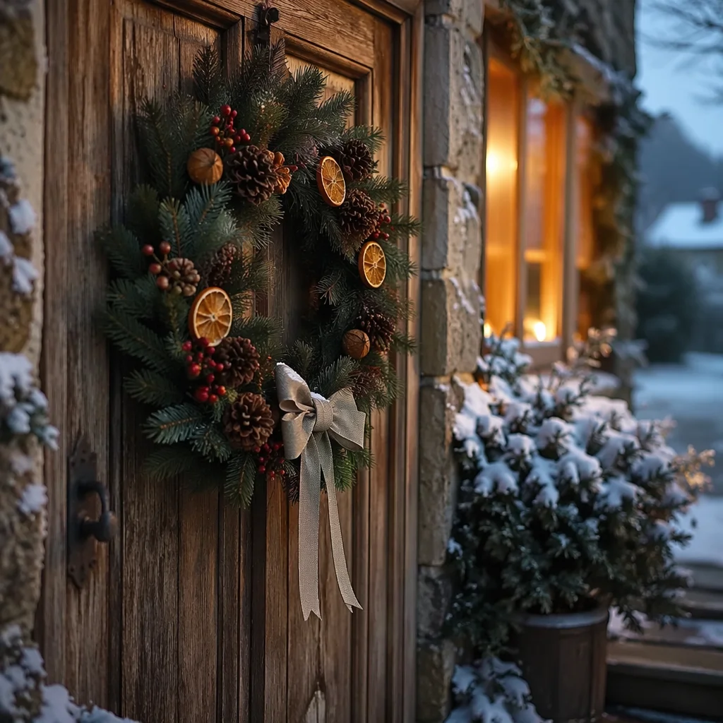 Rustic Christmas Wreath on Snowy Wooden Door