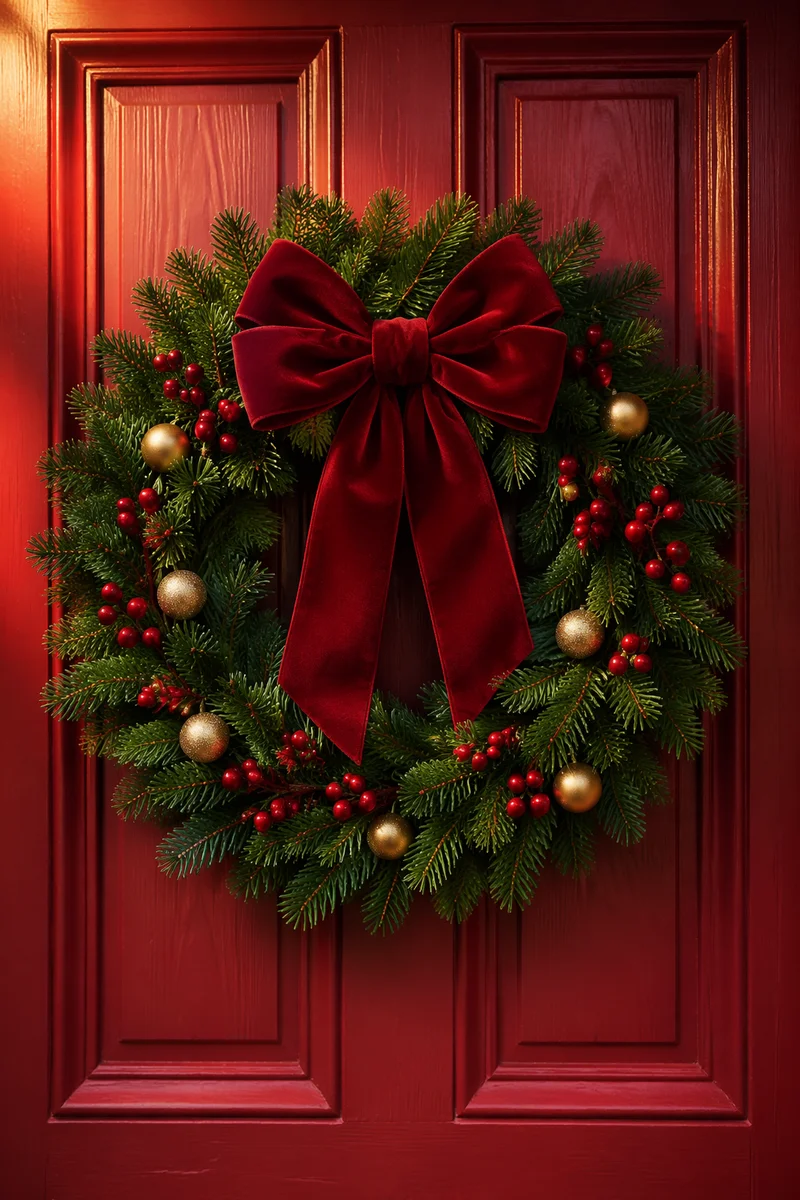 Classic Christmas Wreath on Red Wooden Door