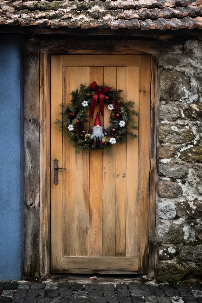 Rustic Wooden Door with Christmas Wreath