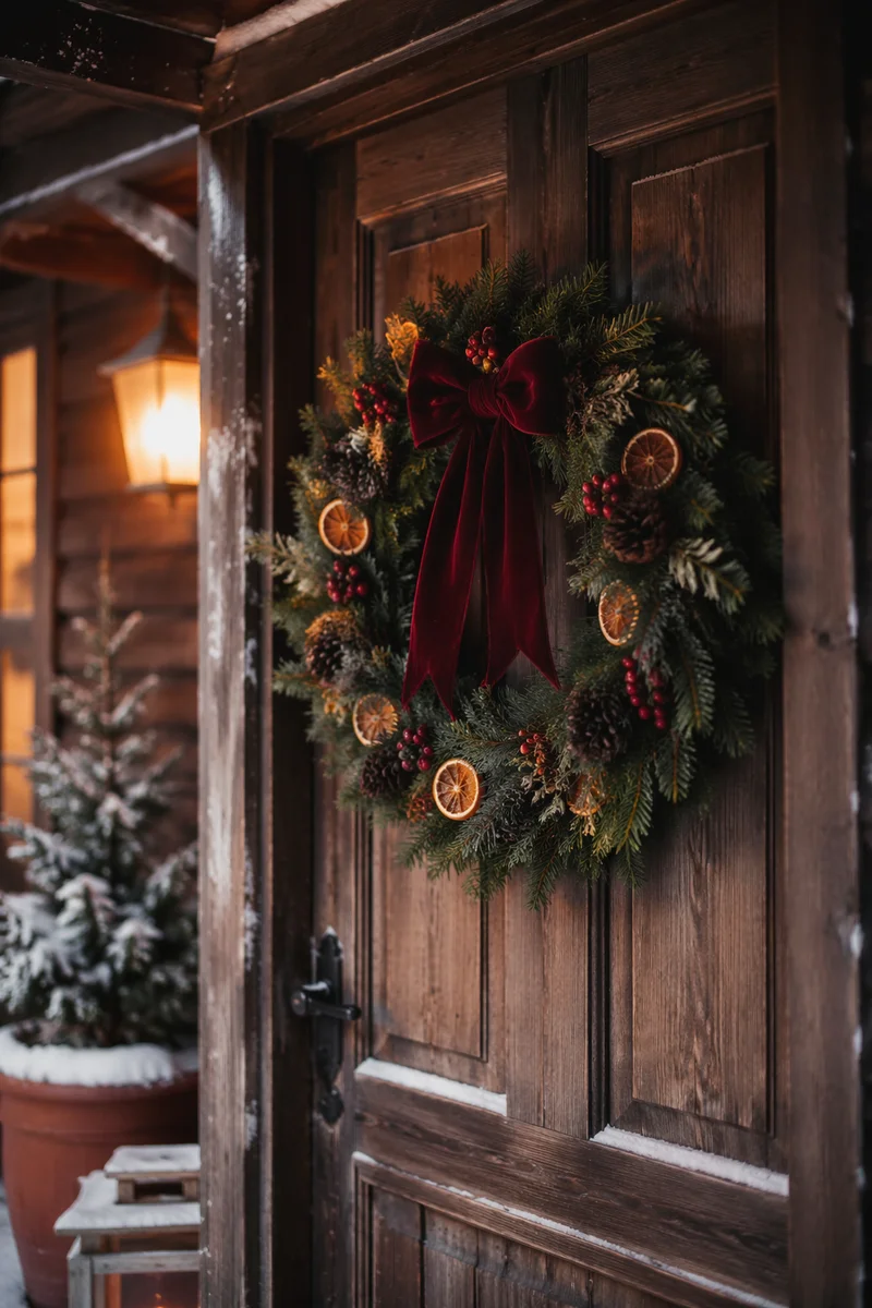 Christmas Wreath on Rustic Wooden Door