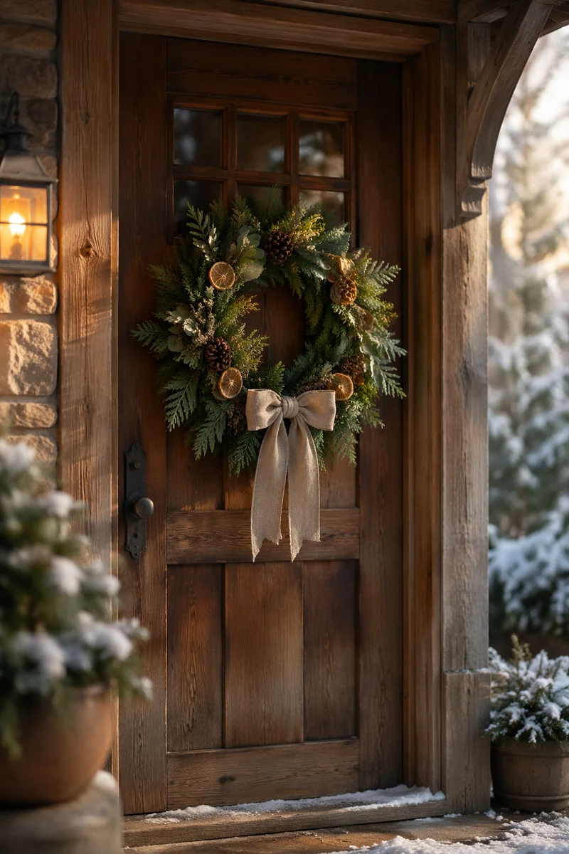 Rustic Christmas Wreath on Cottage Door