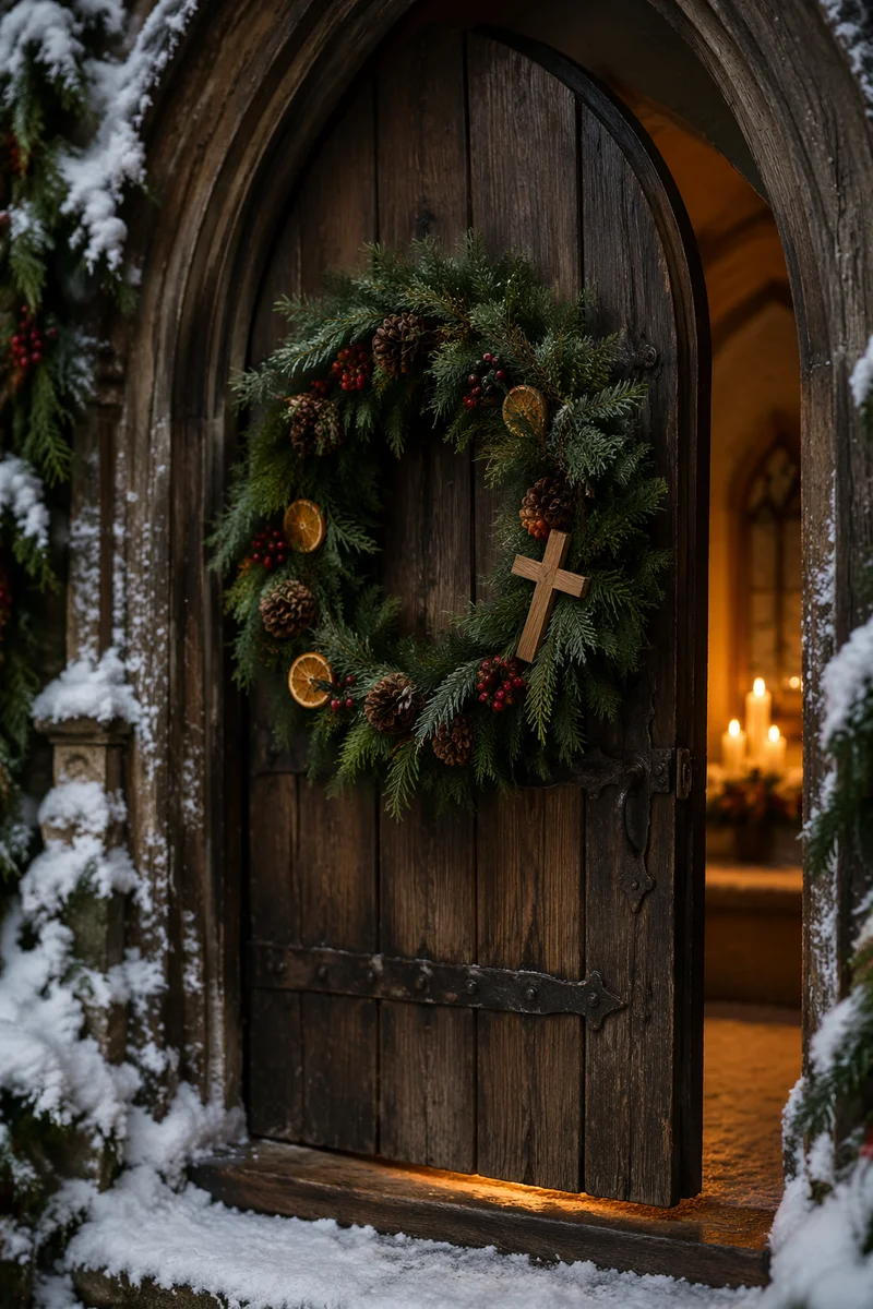 Christmas Wreath on Weathered Chapel Door