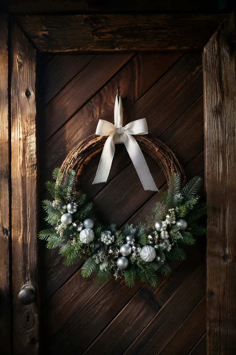 Handmade Christmas Wreath on Rustic Wooden Door