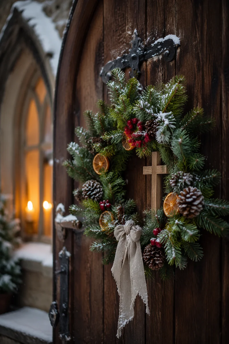 Christmas Wreath on Rustic Chapel Door