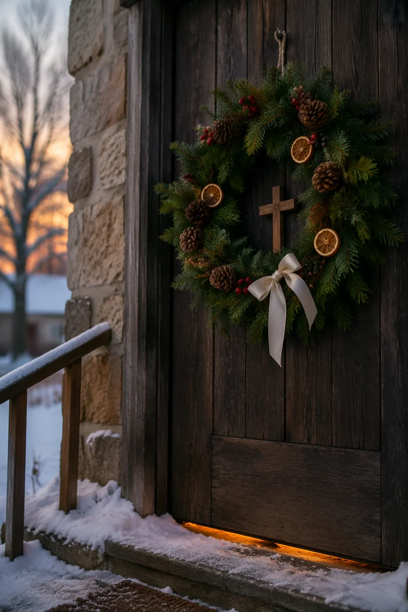 Christmas Wreath on Snowy Chapel Door