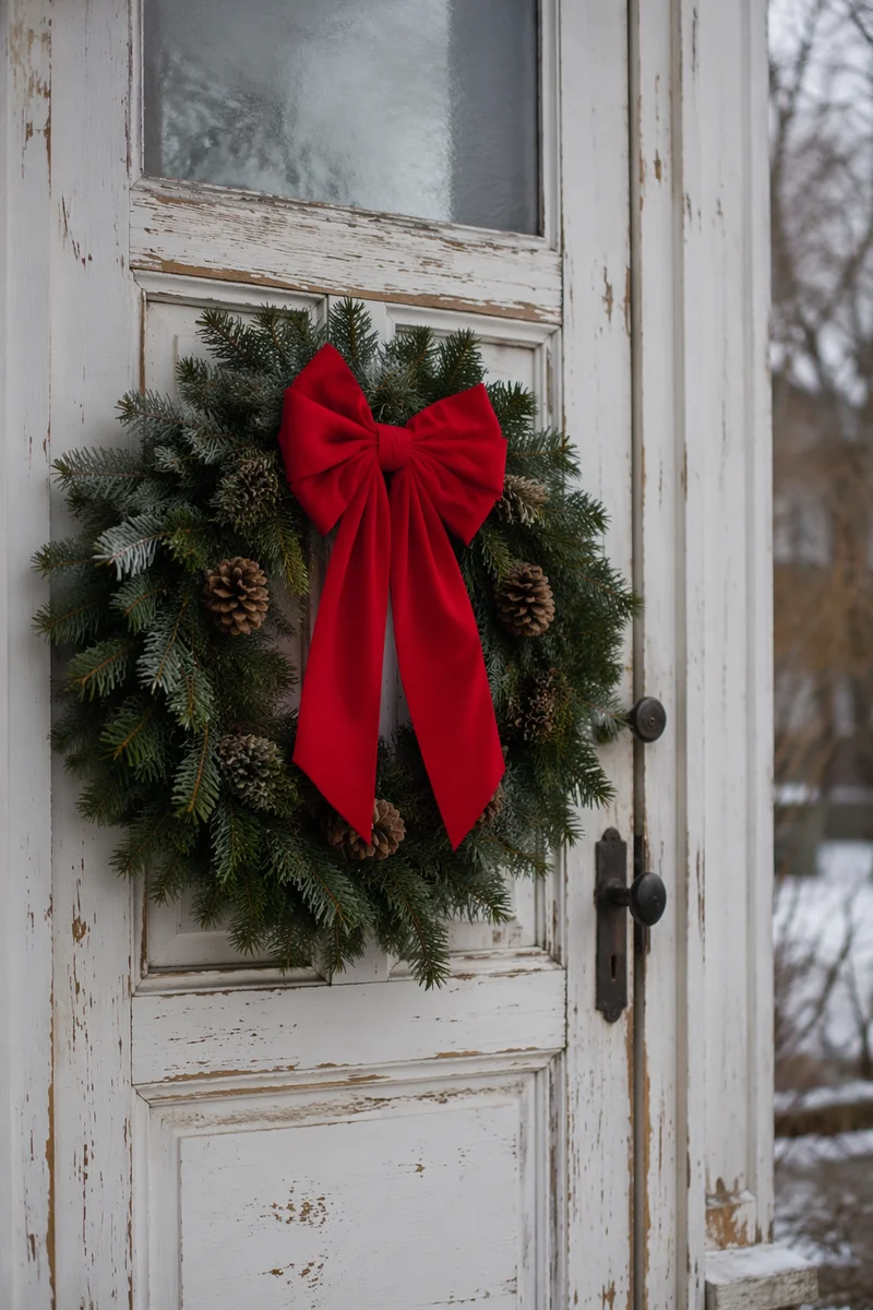 Traditional Christmas Wreath on Weathered Wooden Door