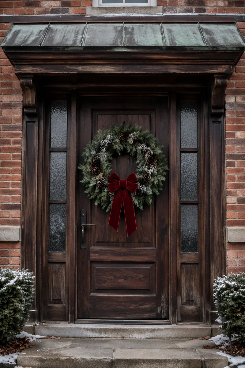 Christmas Wreath on Rustic Wooden Door