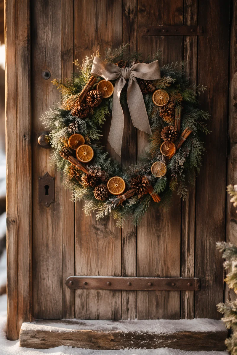 Christmas Wreath on Rustic Wooden Door