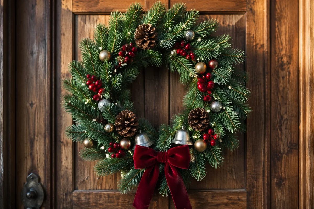 Christmas Wreath on Rustic Wooden Door