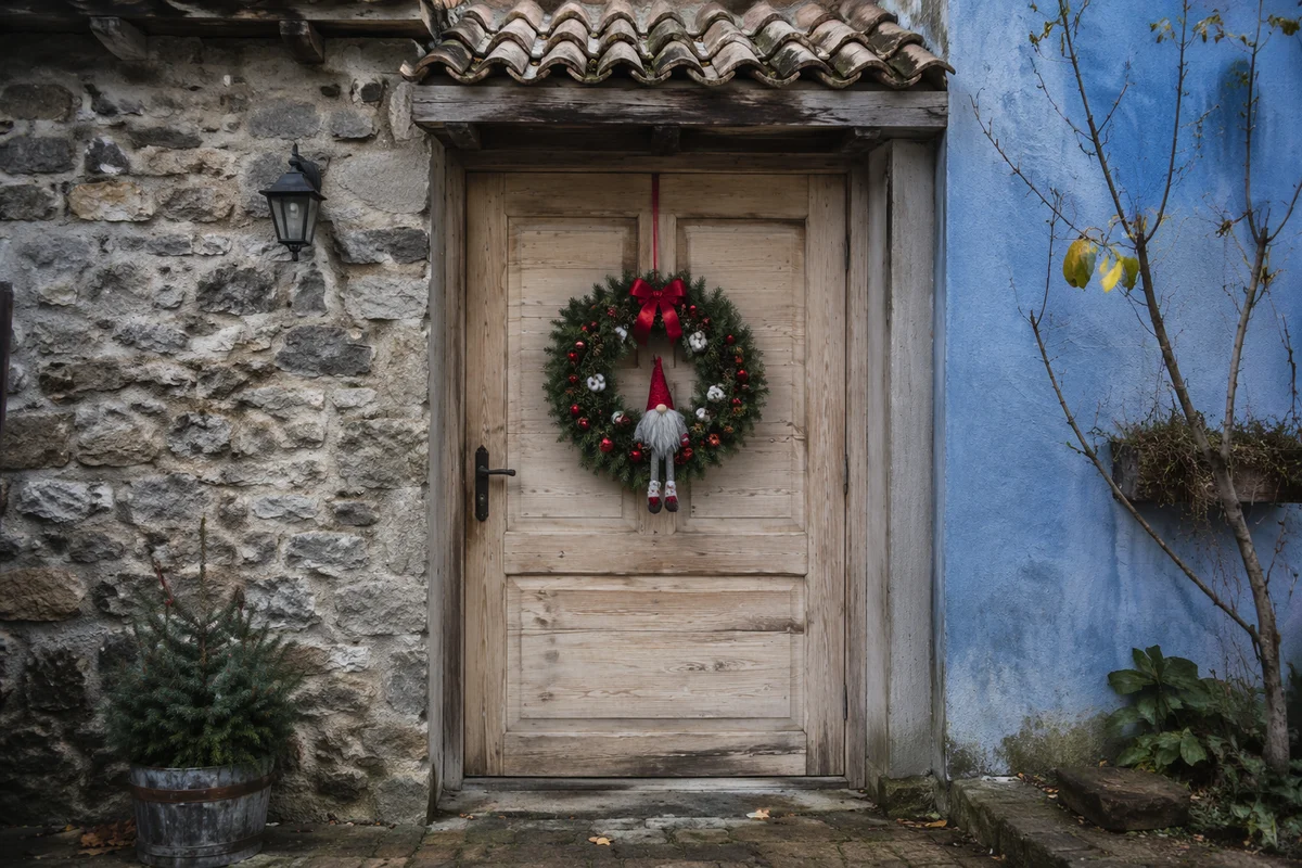 Christmas Wreath on Rustic Wooden Cottage Door