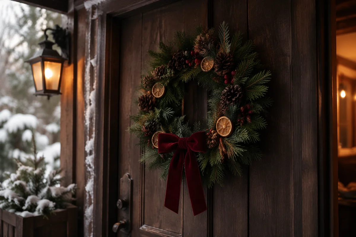 Christmas Wreath on Rustic Wooden Door