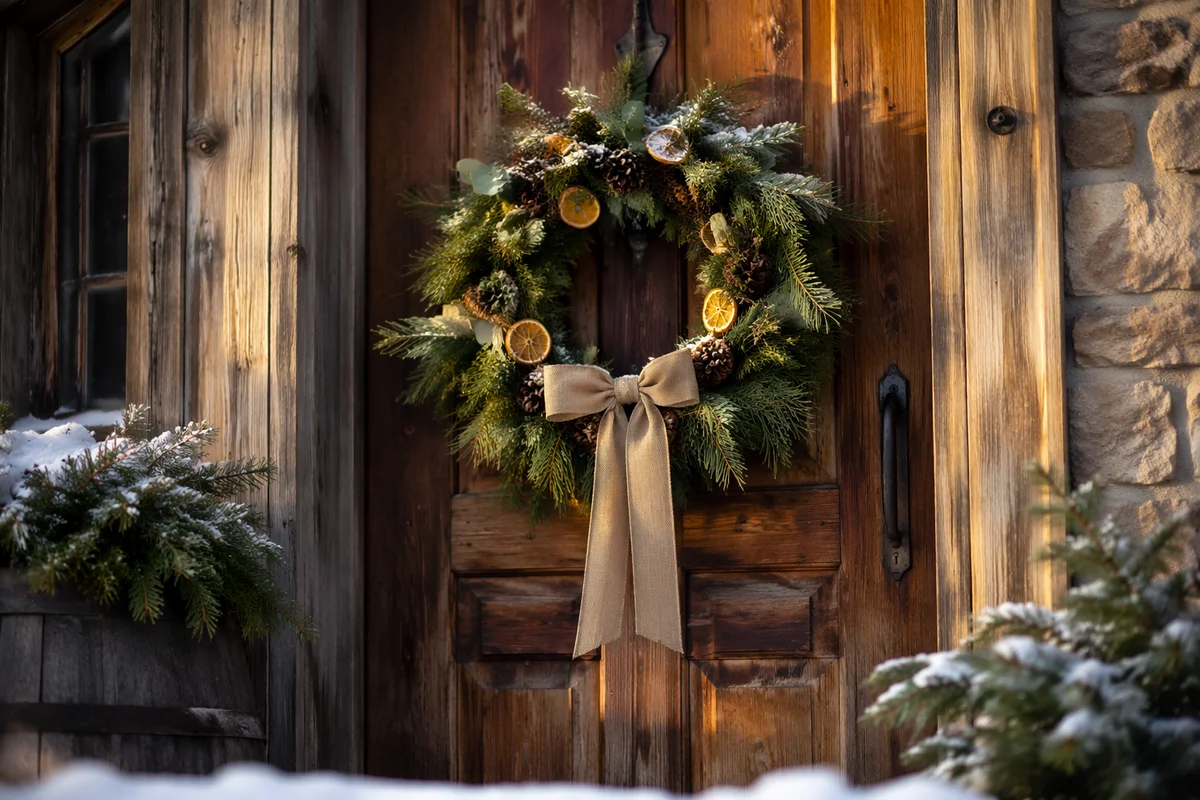 Rustic Christmas Wreath on Cottage Door