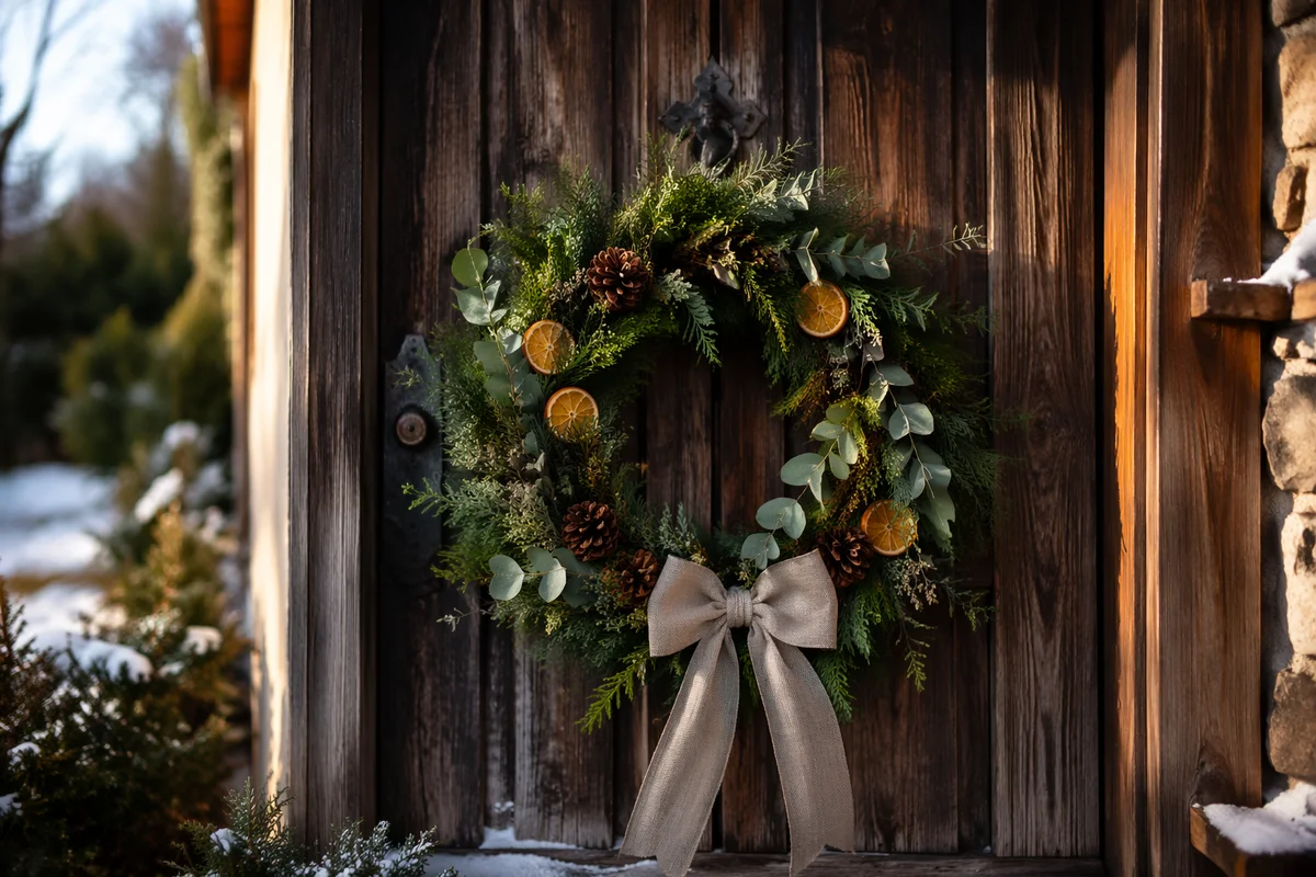 Christmas Wreath on Rustic Cottage Door