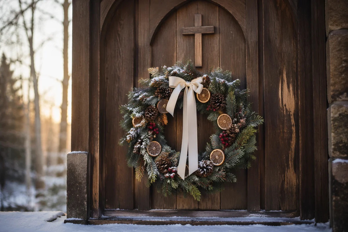 Christmas Wreath on Weathered Chapel Door