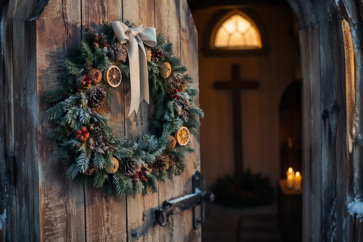 Christmas Wreath on Weathered Chapel Door