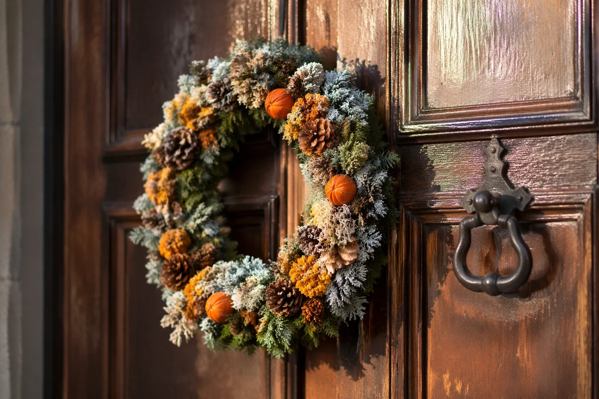 Handmade Christmas Wreath on Rustic Chapel Door