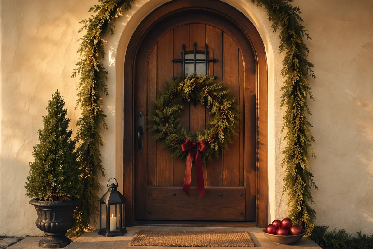 Christmas Wreath on Rustic Wooden Door
