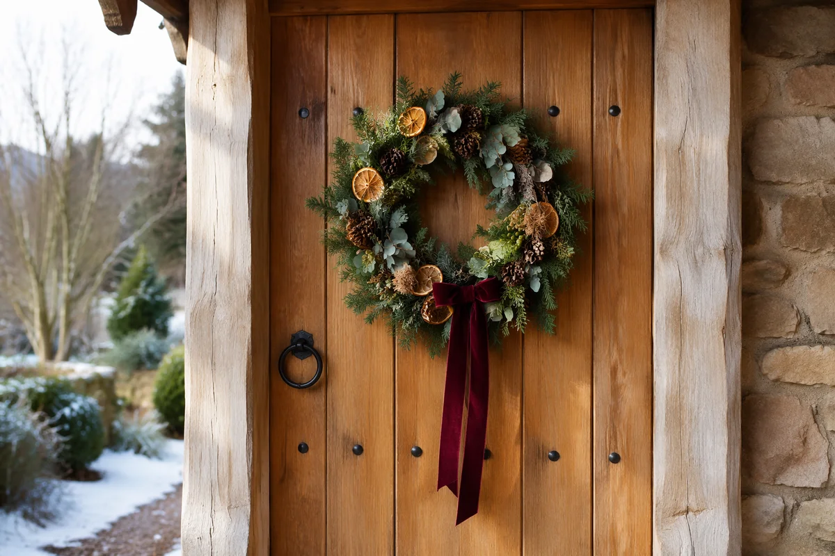 Rustic Christmas Wreath on Wooden Door