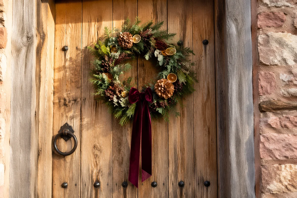 Rustic Christmas Wreath on Wooden Door