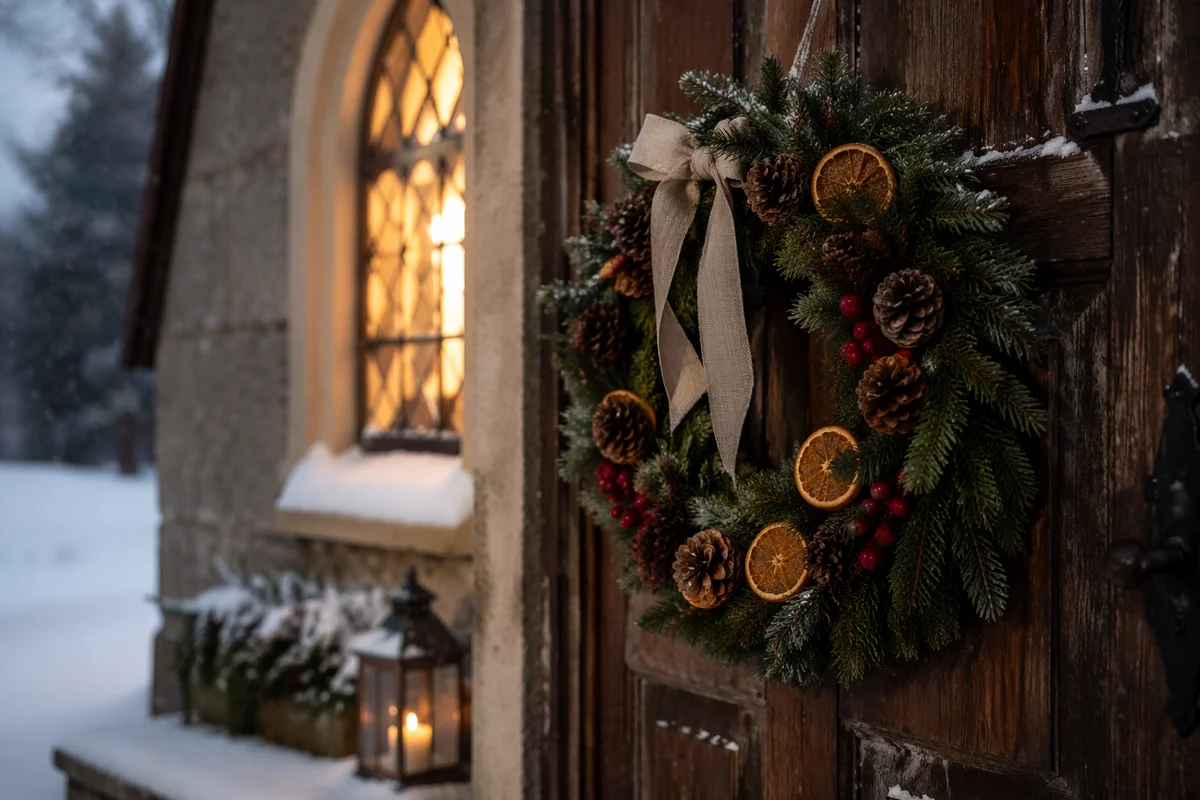 Christmas Wreath on Rustic Chapel Door