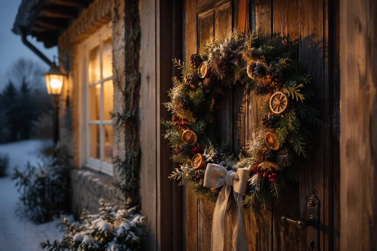 Rustic Christmas Wreath on Wooden Cottage Door