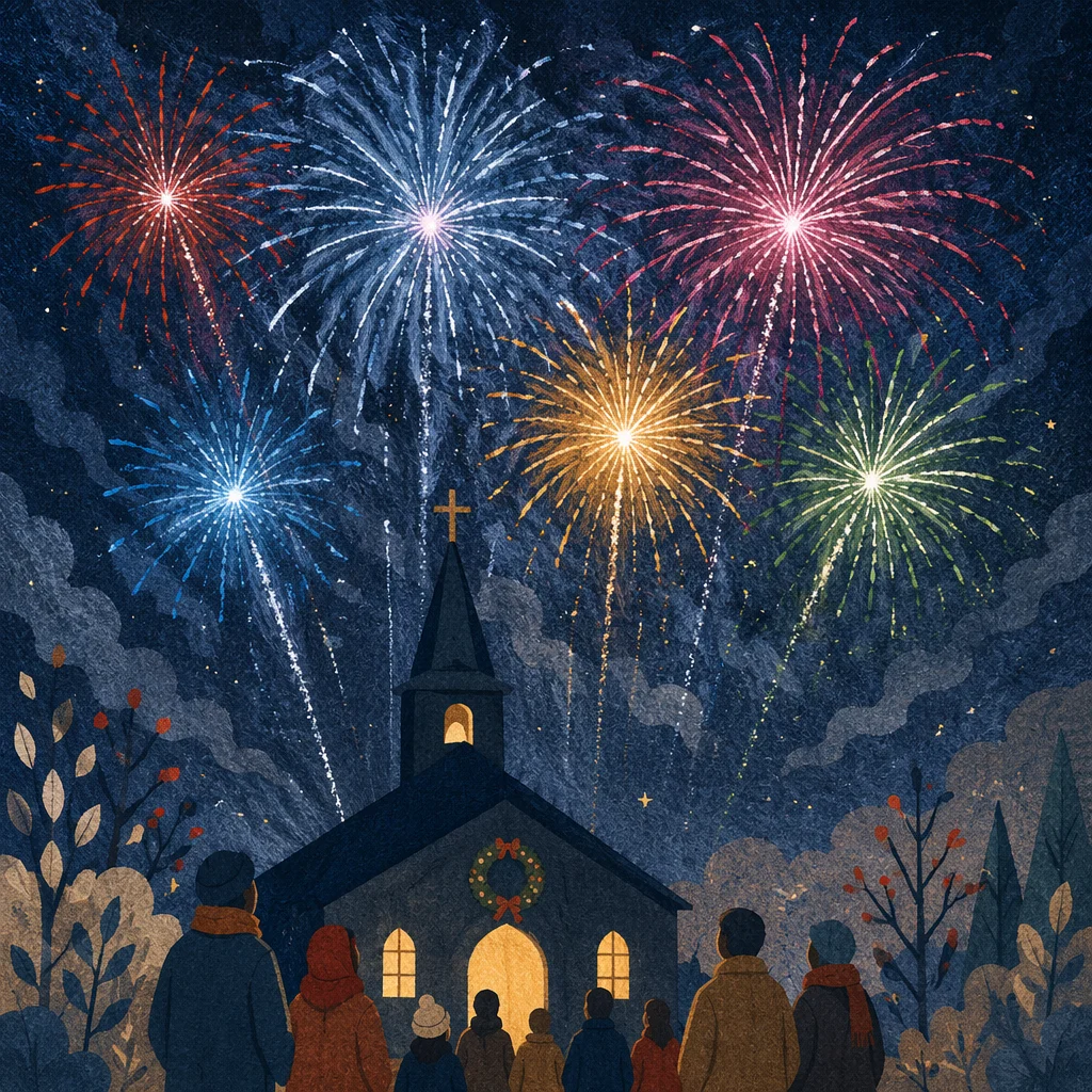 Midnight Watchnight Service Fireworks Over Church