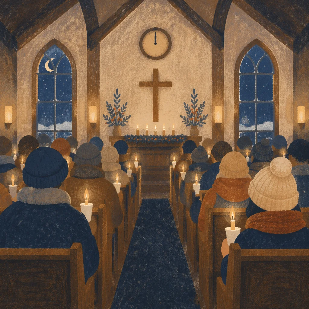 Midnight Watchnight Service in Candlelit Church