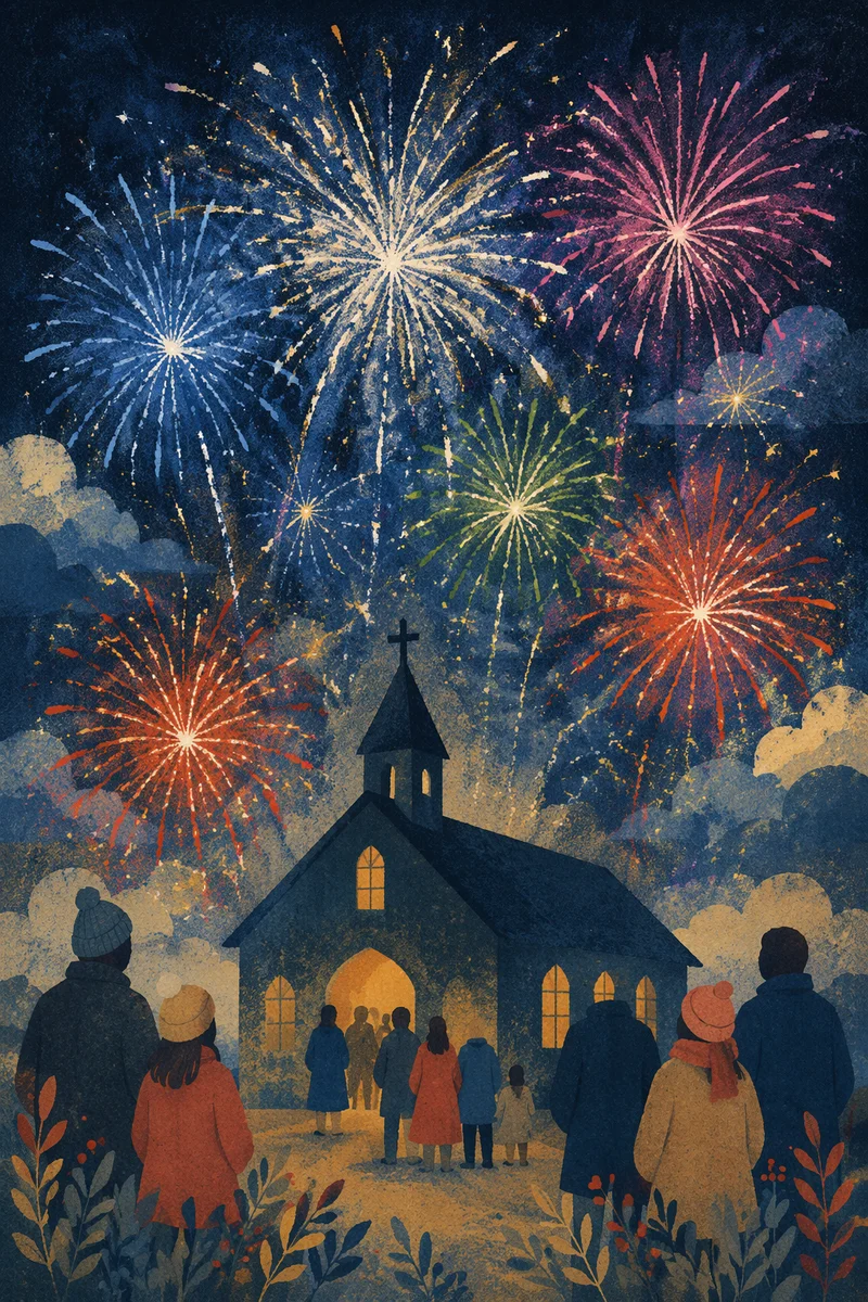 Midnight Watchnight Service Fireworks Over Church