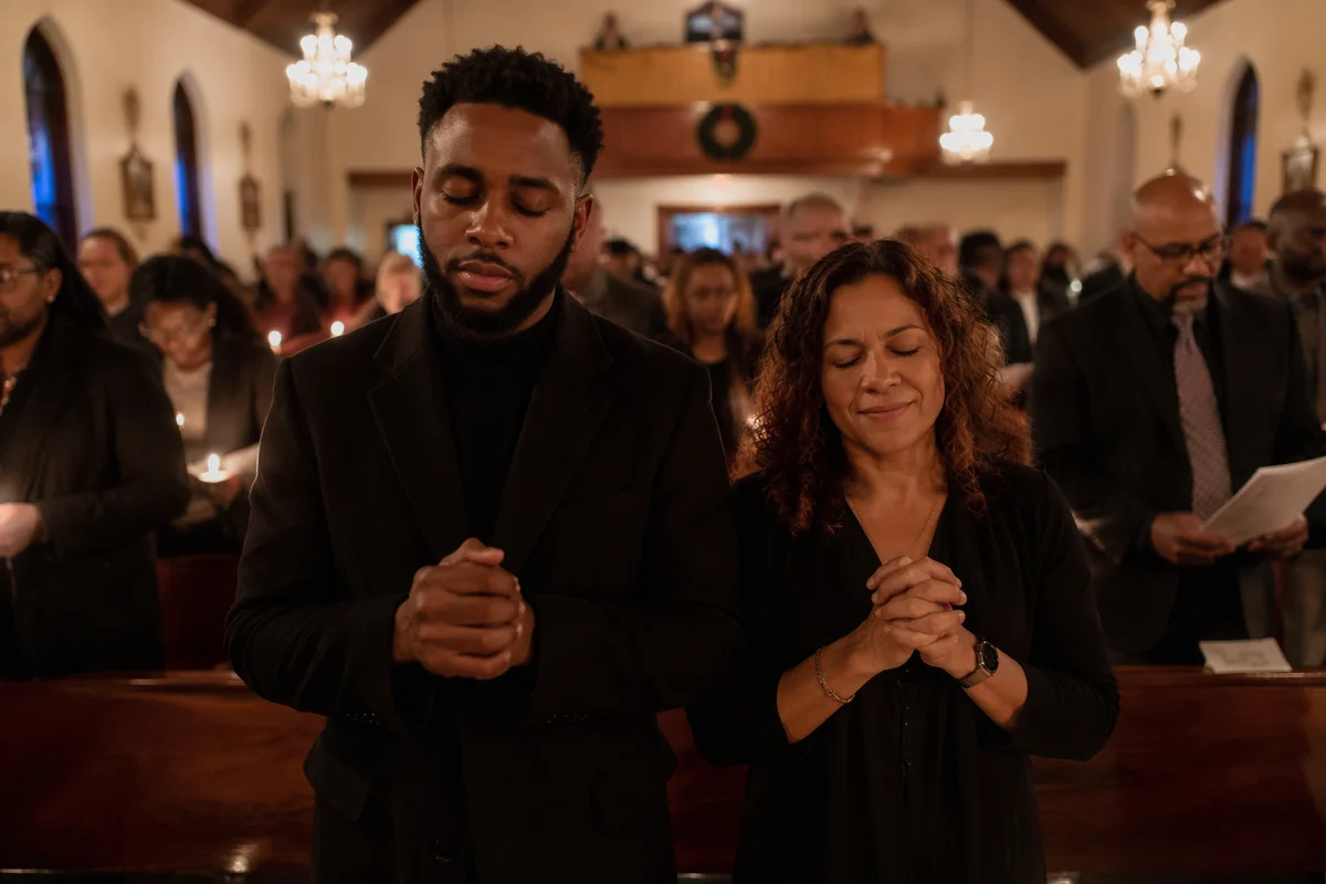 Congregation Praying in Church at Midnight