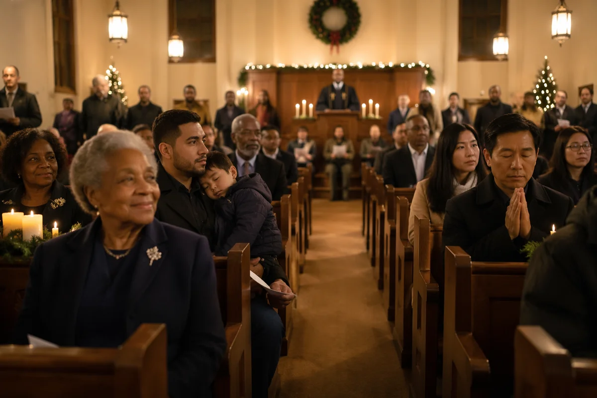 Congregation in Warmly Lit Church Sanctuary