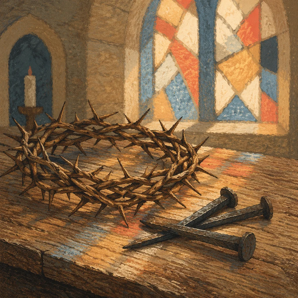Crown of Thorns and Nails on Wood