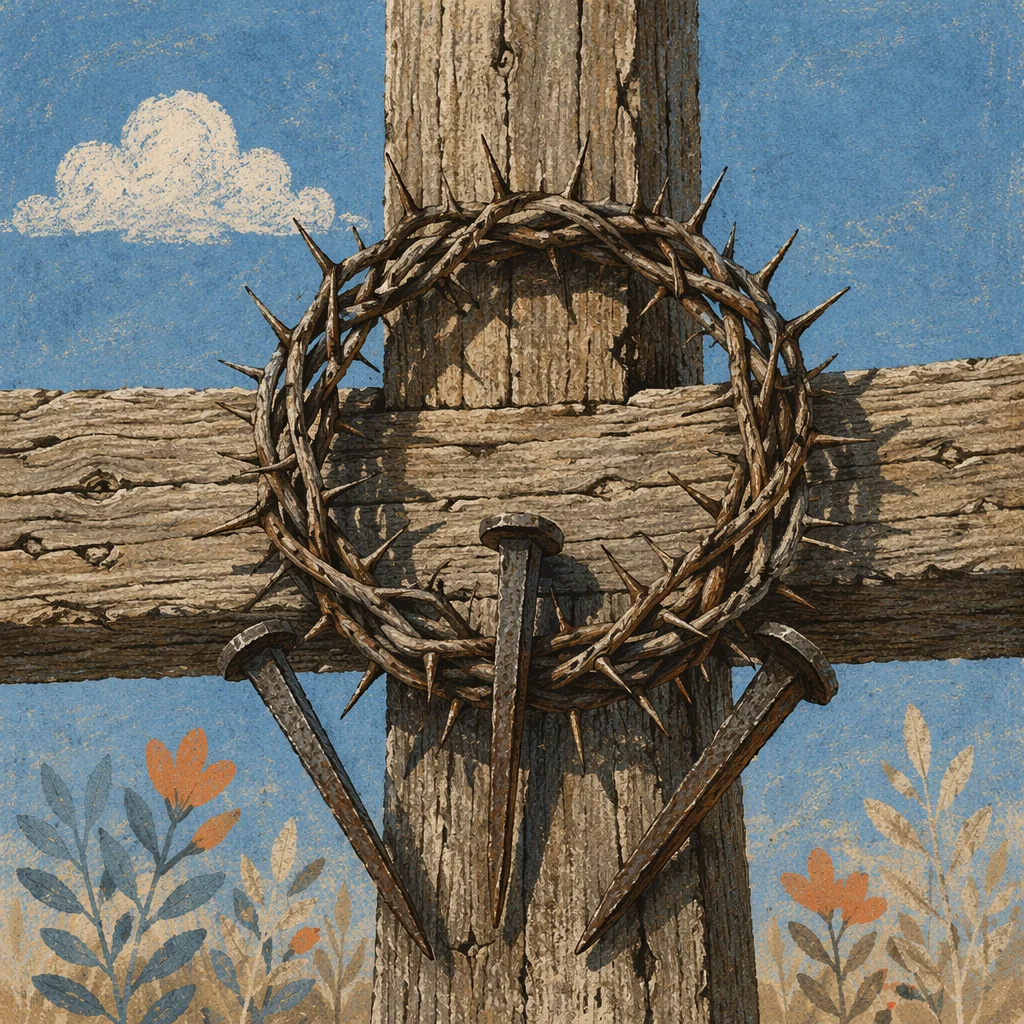 Crown of Thorns and Nails on Weathered Wood