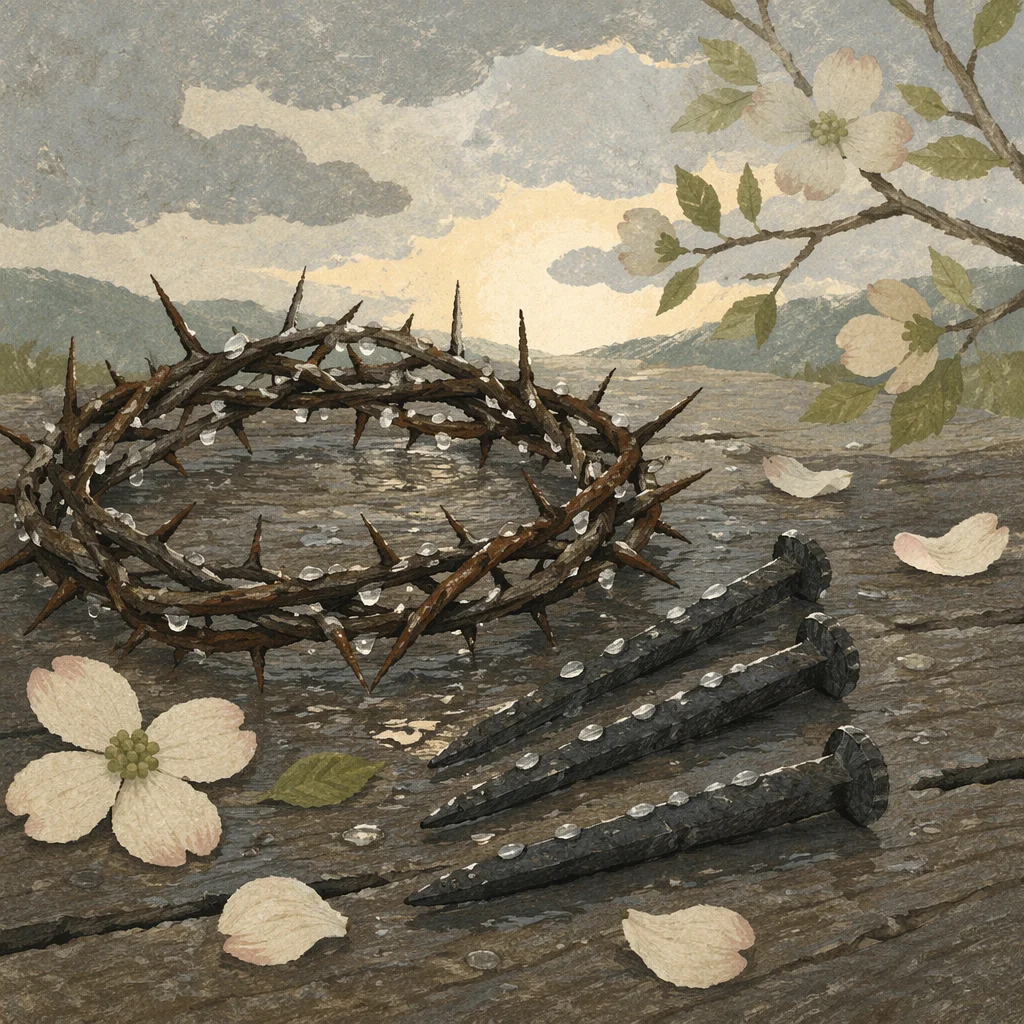 Crown of Thorns and Nails on Weathered Wood