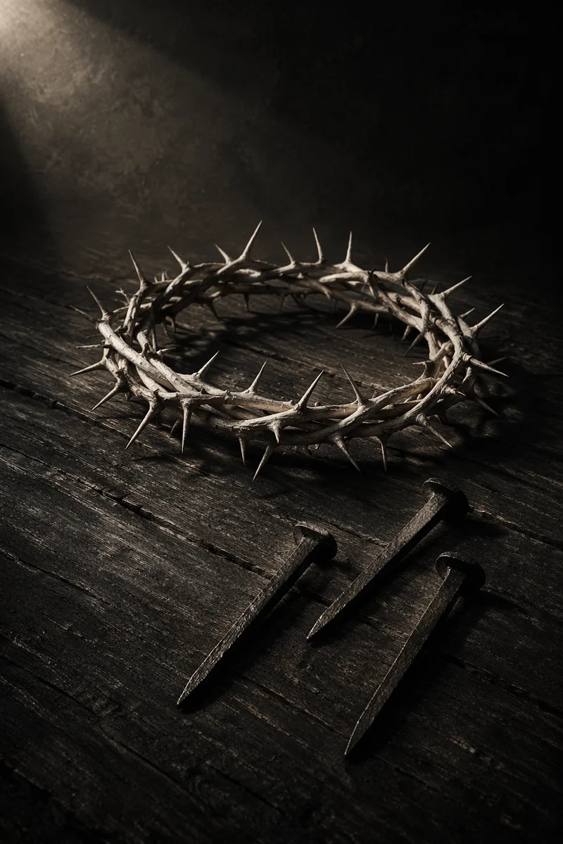 Crown of Thorns and Nails on Weathered Wood