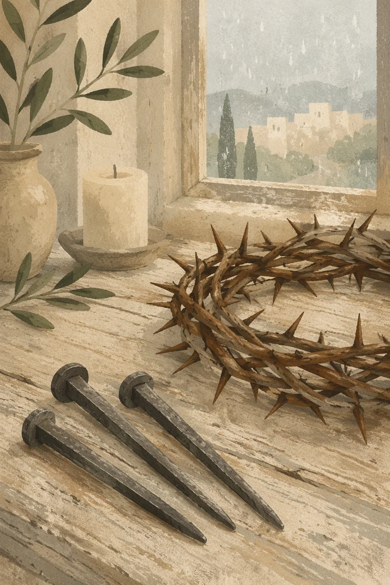 Crown of Thorns and Nails on Wood
