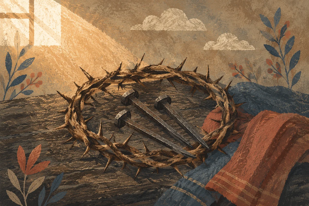 Crown of Thorns with Nails on Weathered Wood