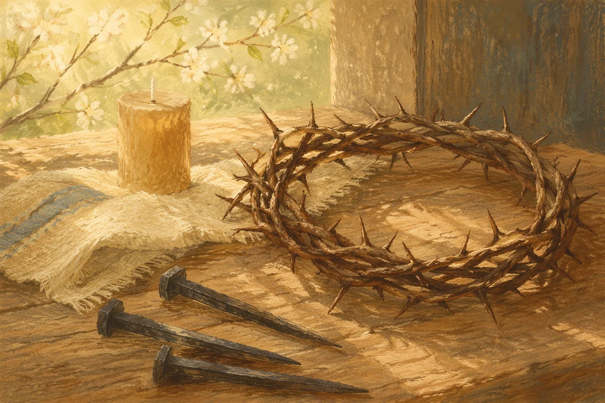 Crown of Thorns and Nails on Wood