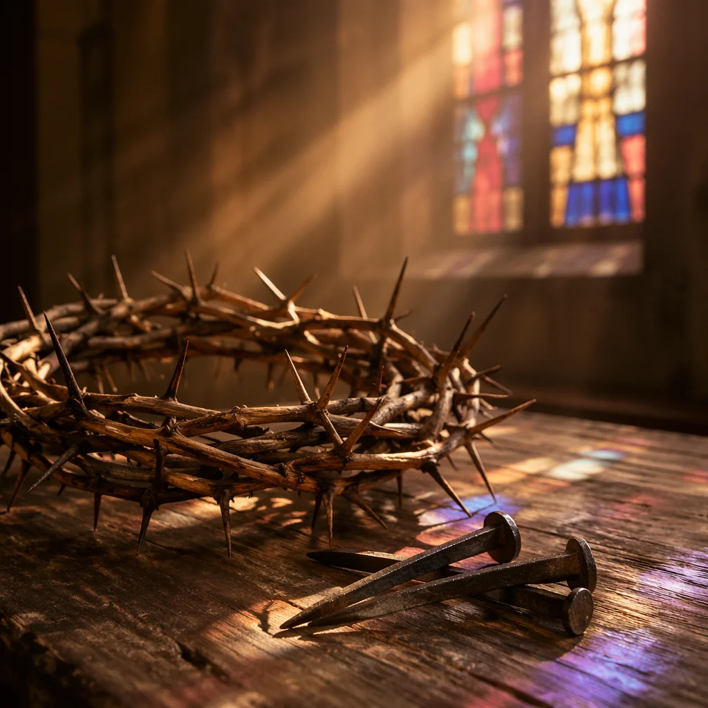 Crown of Thorns and Nails on Wood